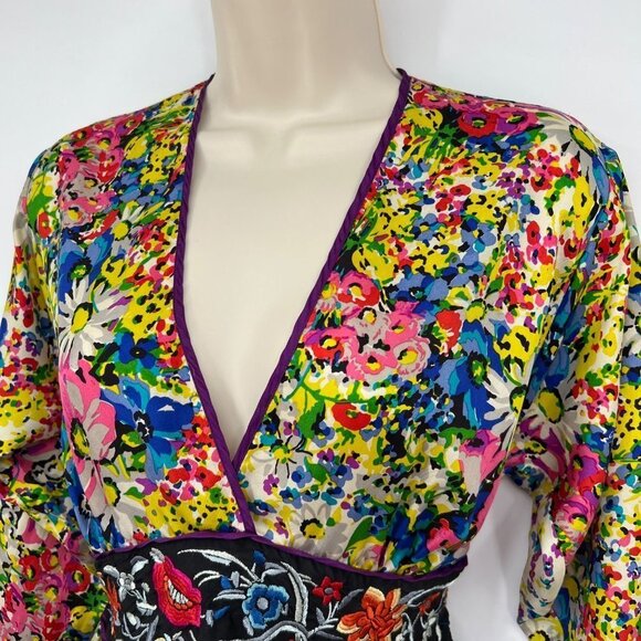 Johnny was Kimono Tunic Dress Colorful Floral Tie Back Silk Vibrant Small. - Picture 3 of 13